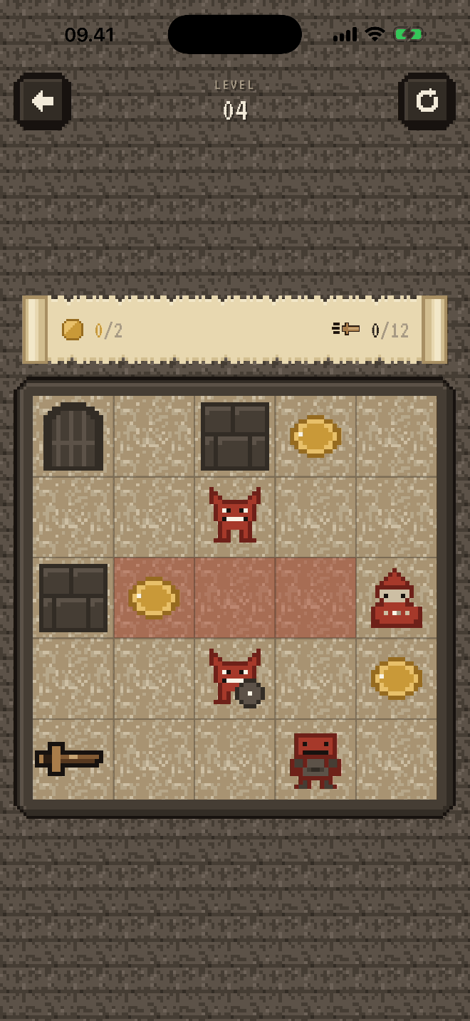 Level 04 on an iPhone: a five-by-five dungeon floor with the bronze sword in the corner, coins, stone blocks, red monsters and a hooded mage whose line of fire is shaded red.